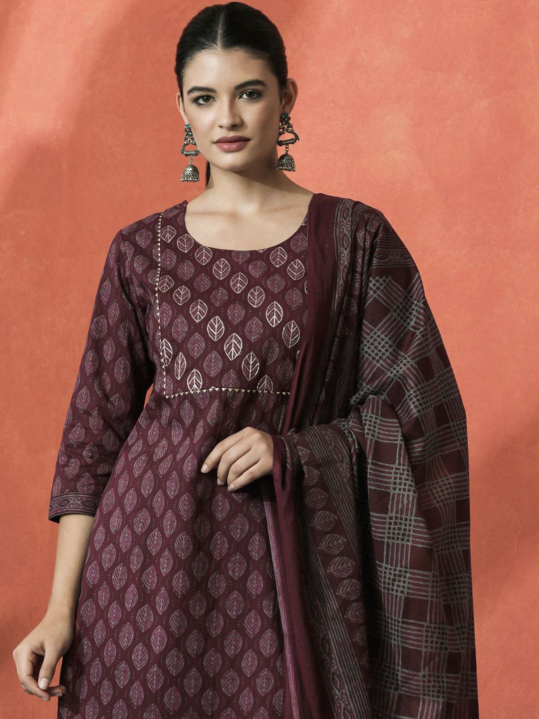 Indyancart SN Women's Floral Printed Gotta Patti Pure Cotton Straight Kurta With Trouser And Dupatta