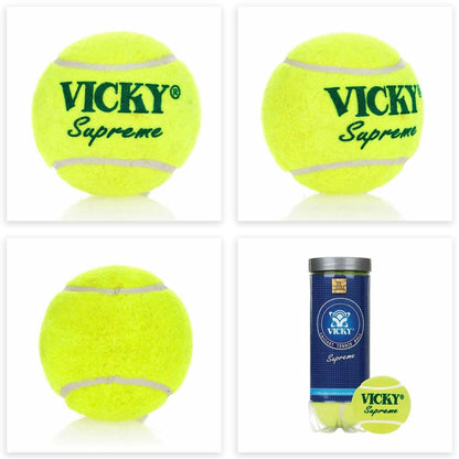 Vicky Supreme yellow tennis and cricket ball with heavy, durable rubber construction for versatile sports use.