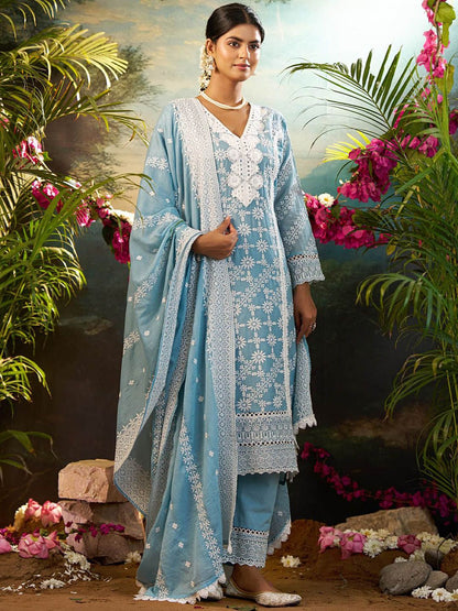 Women Ethnic Motifs Embroidered Cotton Kurta with Trousers & Dupatta