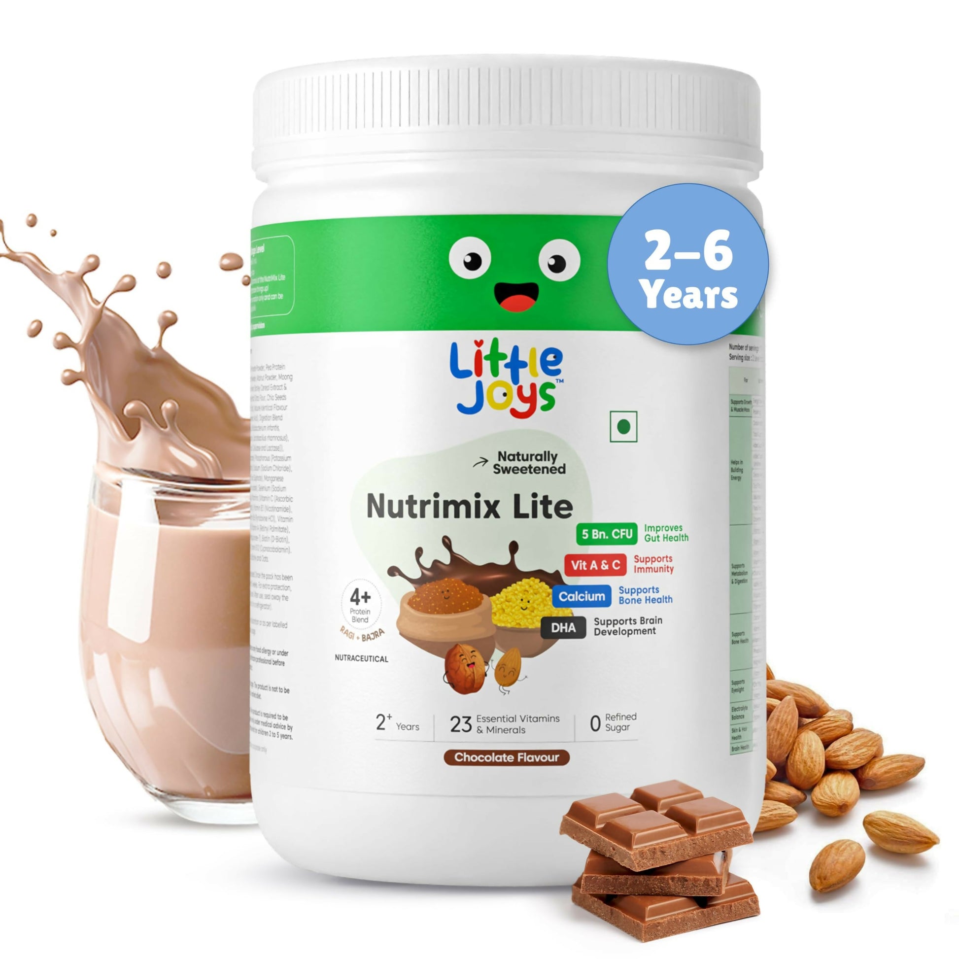 Little Joys Nutrimix Lite powder for kids aged 2-6, chocolate flavor, showing a scoop of the nutritious powder in a bowl.