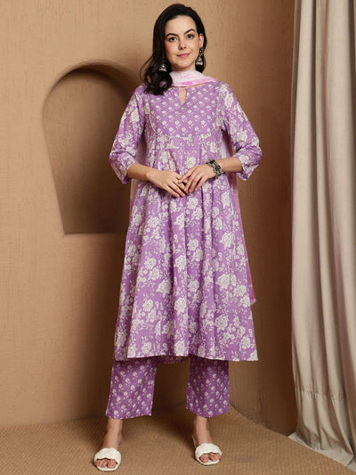 Indyancart SN Women's Floral Printed Notch Neck Pure Cotton Anarkali Kurta & Trousers With Dupatta