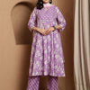 Dhiyona SN Women's Floral Printed Notch Neck Pure Cotton Anarkali Kurta & Trousers With Dupatta