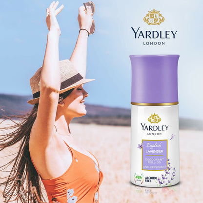 Yardley London English Lavender anti-perspirant roll-on deodorant for women, floral underarm cream with lavender scent.