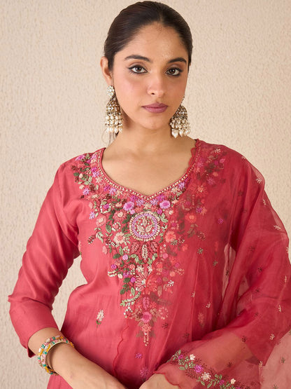 Indyancart IE Floral Embroidered Stone & Beads Work V Neck Kurta With Trousers & Dupatta