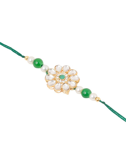 Anouk Set Of 2 Kundan Floral Design Gold Toned Bhaiya Bhabhi Rakhi Set With Roli Chawal