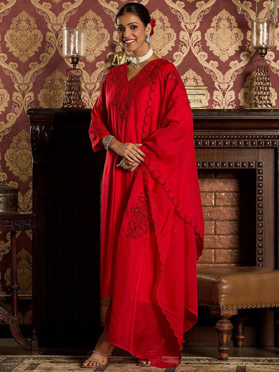 Indyancart IE Ethnic Motifs Embroidered Sequined Straight Kurta With Trousers & Dupatta