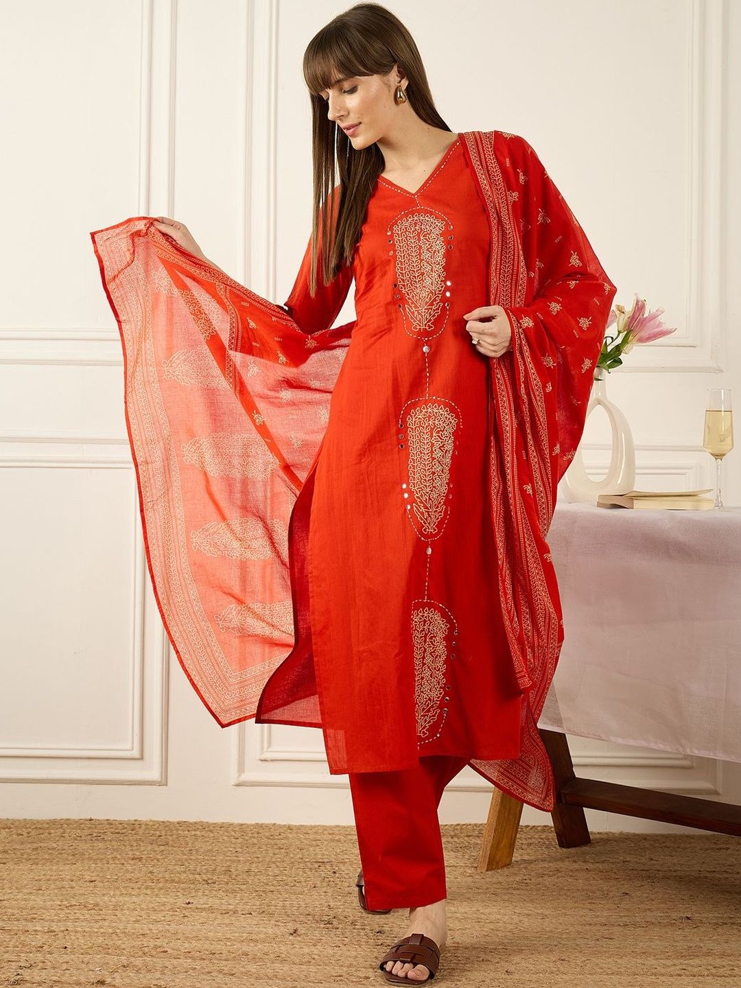 Floral Printed Thread Work Pure Cotton Kurta With Palazzos