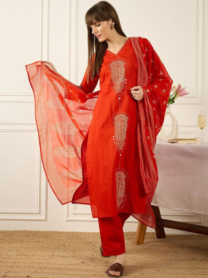 Floral Printed Thread Work Pure Cotton Kurta With Palazzos