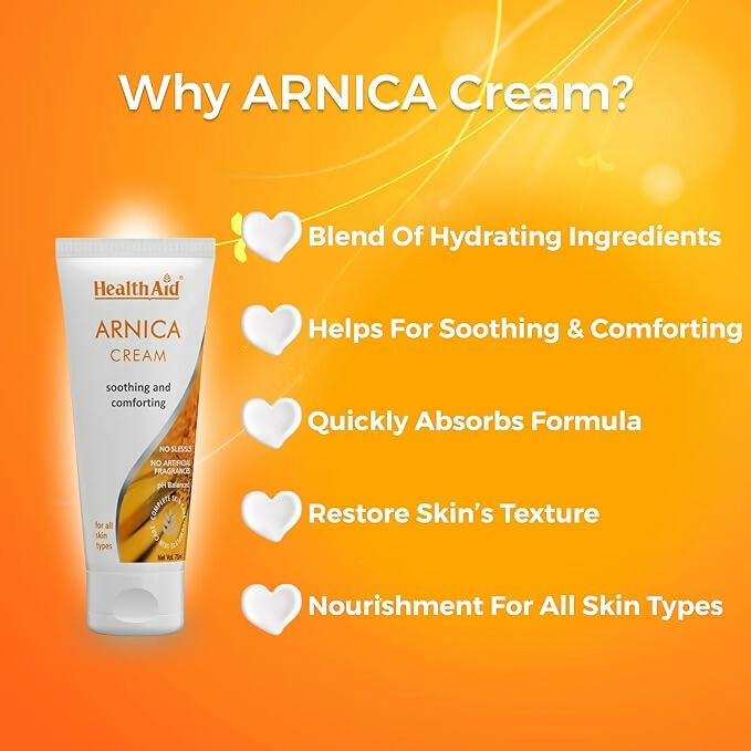 HealthAid Arnica Face Cream jar showing the cream inside, designed for soothing and revitalizing skin.