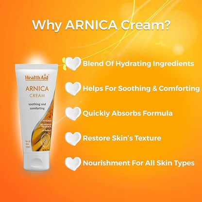 HealthAid Arnica Face Cream jar showing the cream inside, designed for soothing and revitalizing skin.