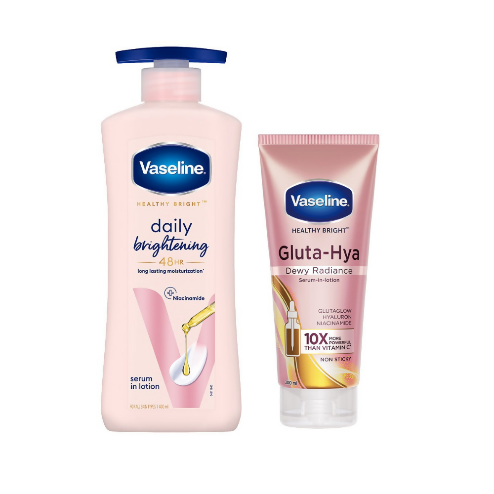 Vaseline Healthy Bright body lotion and Gluta-Hya Dewy Radiance serum-in-lotion combo, moisturizing and brightening skin appearance.