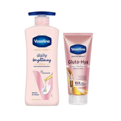 Vaseline Healthy Bright body lotion and Gluta-Hya Dewy Radiance serum-in-lotion combo, moisturizing and brightening skin appearance.