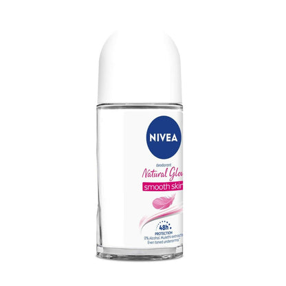Nivea Natural Glow smooth skin deodorant roll-on for women, showing the underarm cream bottle with product label visible.