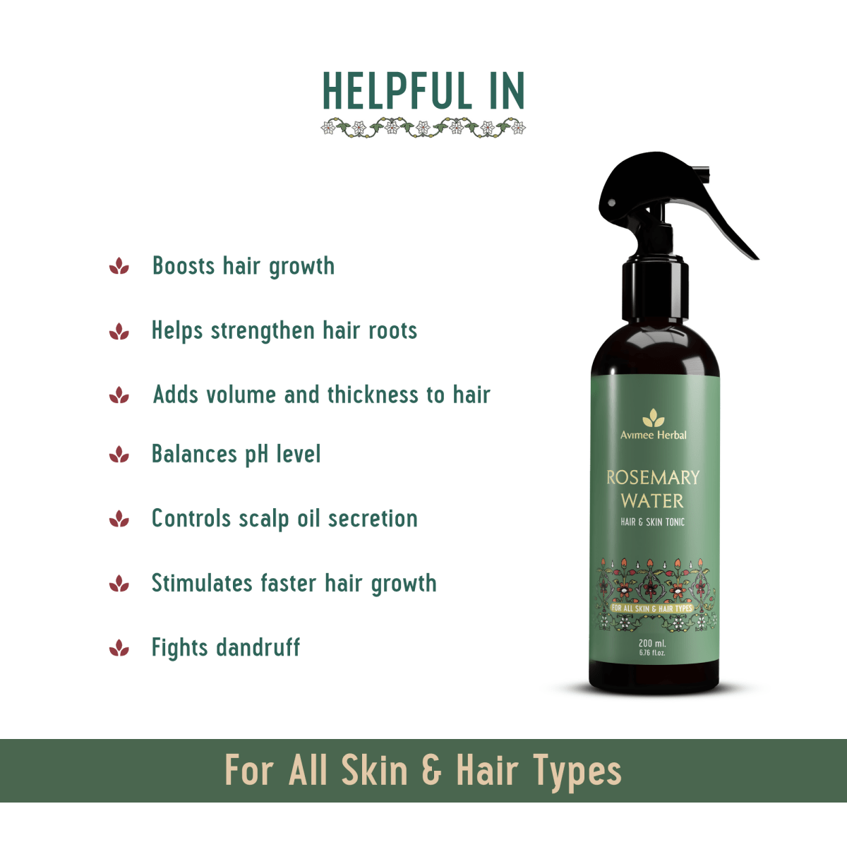 Avimee Herbal Rosemary Water hair spray bottle for hair growth, scalp health, and hair fall control, with fresh rosemary leaves.