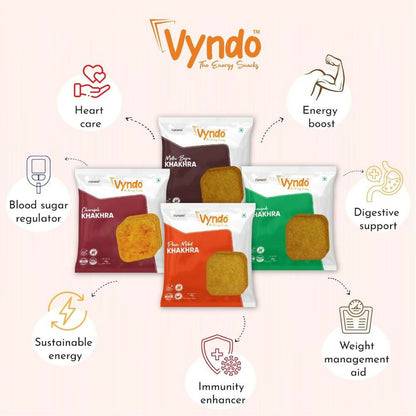 Vyndo gluten-free Khakhra combo featuring crispy North Indian snacks in various flavors, stacked on a wooden platter.