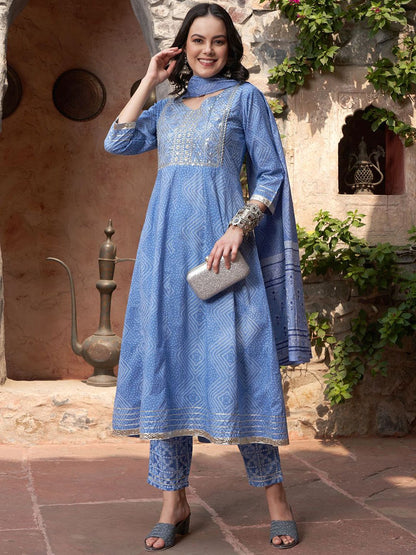Indyancart SN Women's Blue Bandhani Printed V Neck Pure Cotton Anarkali Kurta With Trouser And Dupatta