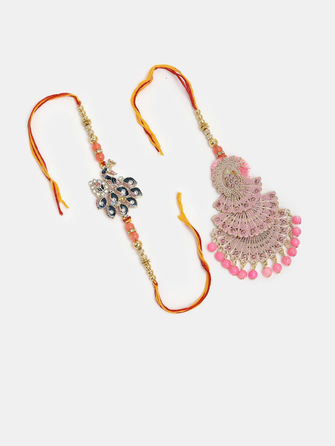 Anouk Unisex Set Of 2 Multicolor Peacock Design Stone & Beaded Bhaiya Bhabhi Rakhi