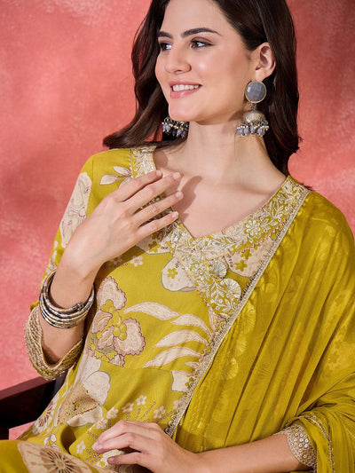 Indyancart SN Women's Floral Printed With Embroidered Angrakha Kurta With Trousers & Dupatta