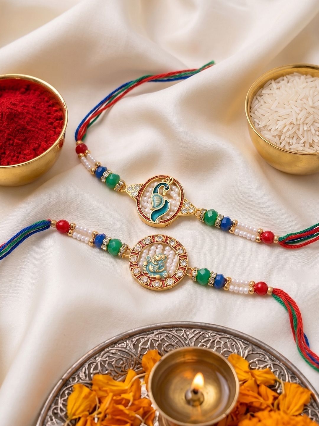 Anouk Set Of 2 Multicolor Peacock Design Rakhi With Roli Chawal Chandan Mishri