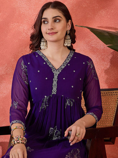 Indyancart SN Women's Embroidered V-Neck Anarkali Georgette Kurta & Trousers