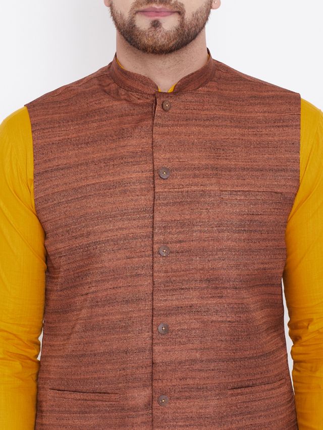 Men's Mustard Cotton Blend Straight Jacket  Kurta and Pyjama Set