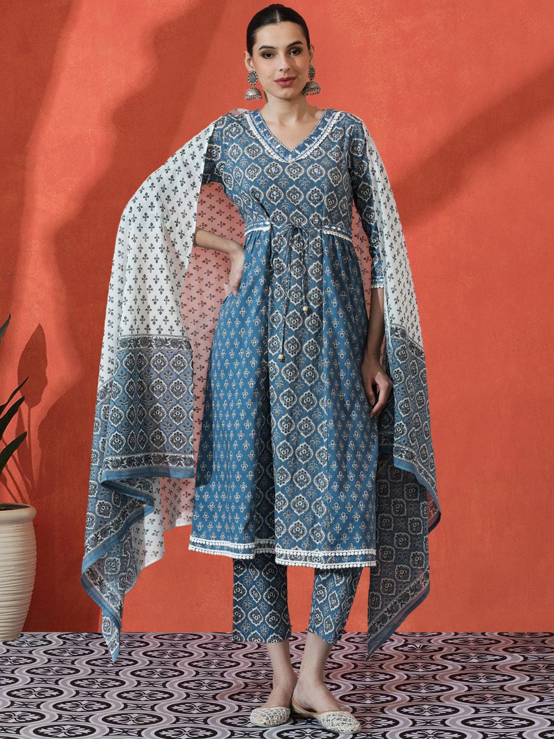 Indyancart SN Women's Floral Embroidered A-Line Pure Cotton Kurta With Trousers & Dupatta