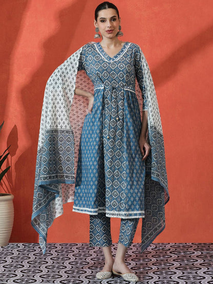Indyancart SN Women's Floral Embroidered A-Line Pure Cotton Kurta With Trousers & Dupatta