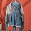 Indyancart SN Women's Floral Embroidered A-Line Pure Cotton Kurta With Trousers & Dupatta