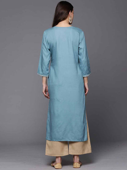 Indyancart IE Blue Notch Neck Embroidered Mirror Work Straight Kurta