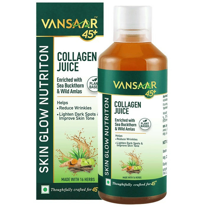 Vansaar 45+ Collagen Juice in a glass bottle, showcasing Ayurvedic drink with collagen for skin health and vitality.