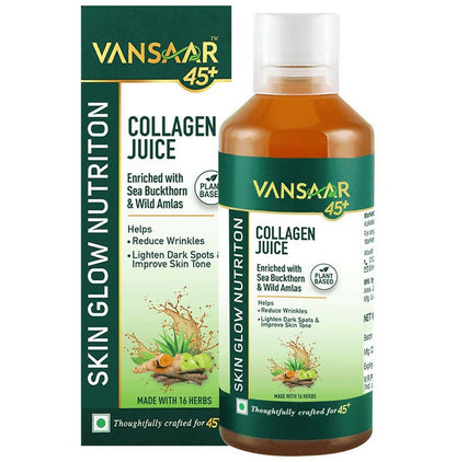 Vansaar 45+ Collagen Juice in a glass bottle, showcasing Ayurvedic drink with collagen for skin health and vitality.