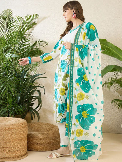 Floral Printed V-Neck Regular Pure Cotton Straight Kurta With Trousers & Dupatta