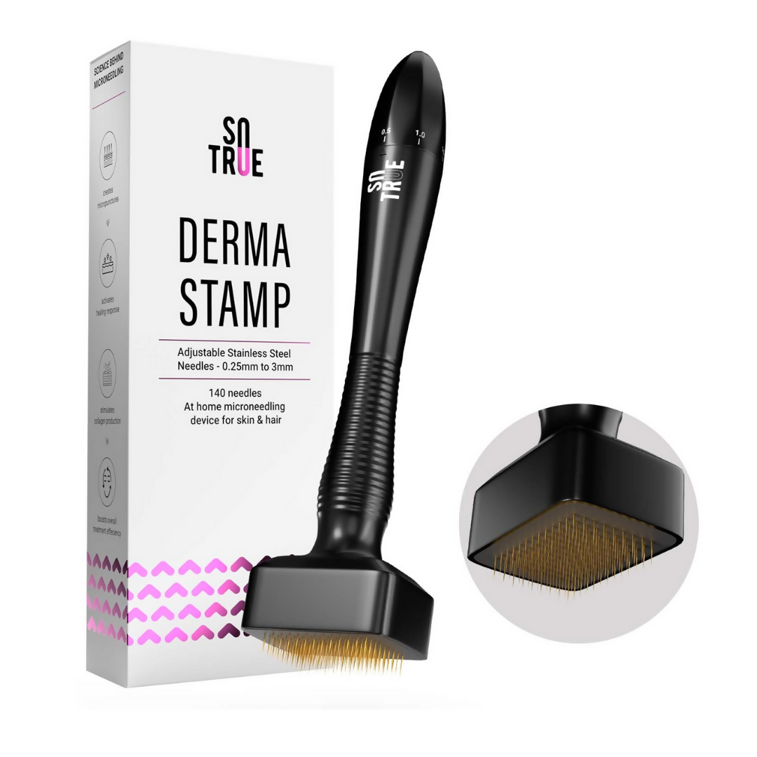 Sotrue Derma Stamp for hair growth with adjustable needles from 0.25mm to 3mm, facial care tool for skin rejuvenation.