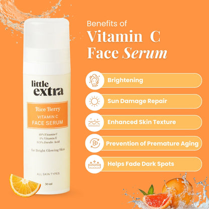 Little Extra Rice Berry 10% Vitamin C face serum in a glass bottle with dropper, designed for skincare and brightening.