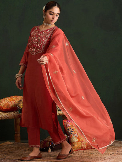 Indyancart IE Ethnic Motifs Embroidered Thread Work Straight Kurta With Trousers & Dupatta