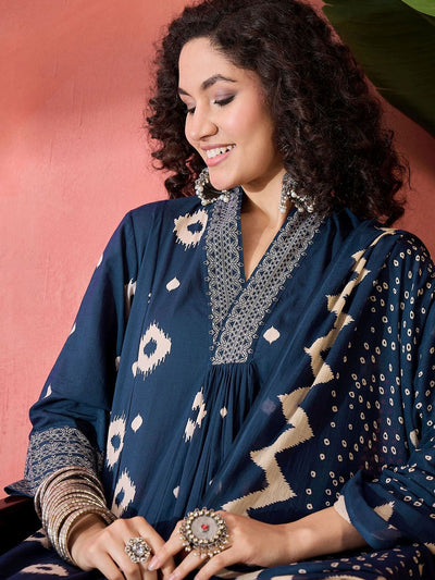 Indyancart SN Women's Geometric Printed V-Neck Pleated Pure Cotton A-Line Kurta With Trouser And Dupatta