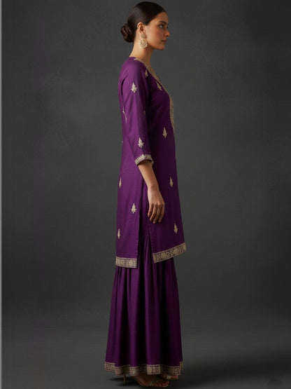 Indyancart VA Women Ethnic Motifs Embroidered Regular Thread Work Kurta with Sharara & With Dupatta