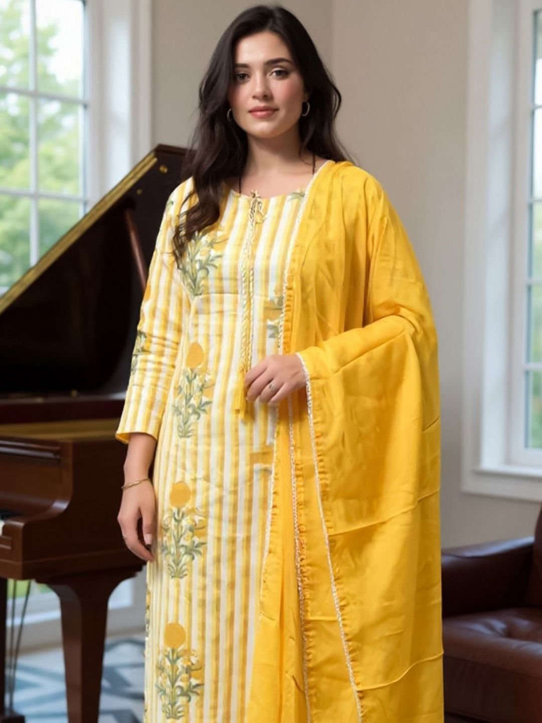 Women Floral Printed Pure Cotton Kurta with Trousers & Dupatta