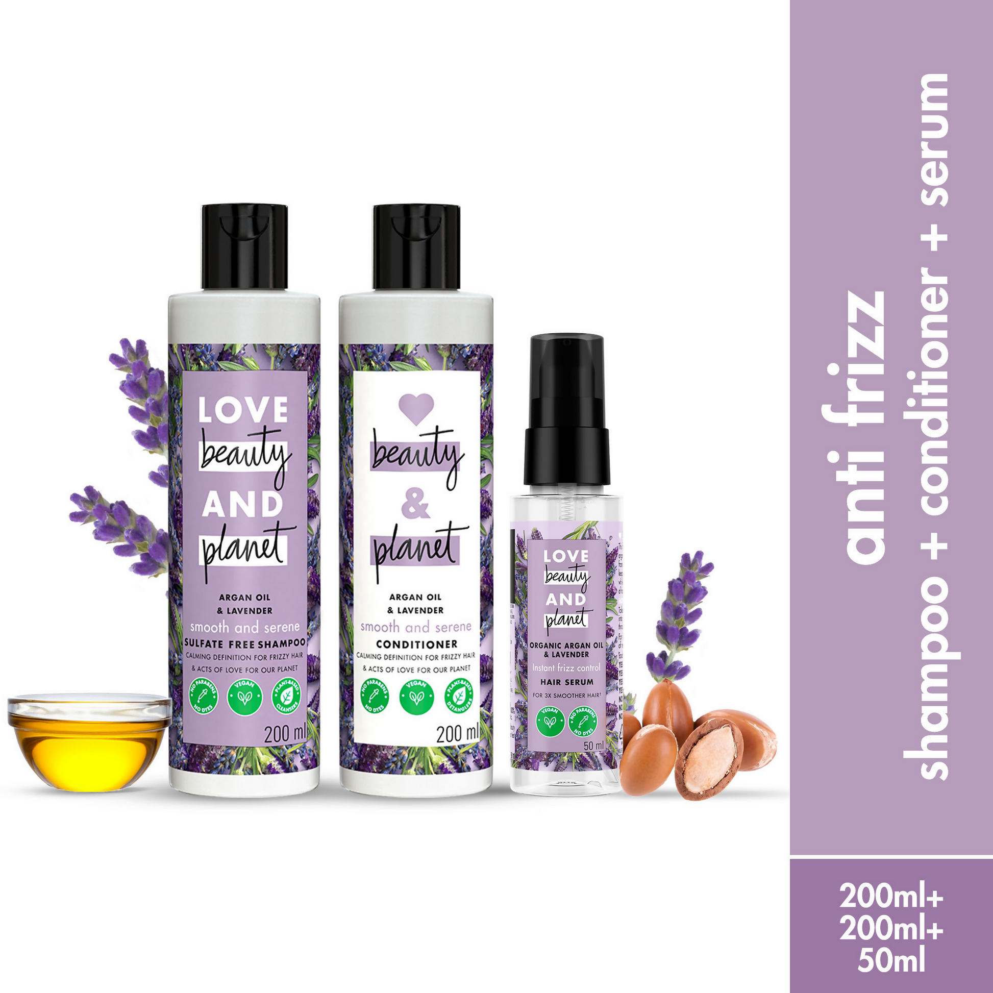 Love Beauty and Planet argan oil and lavender anti-frizz shampoo, conditioner, and hair serum combo with bottles and hair care products.