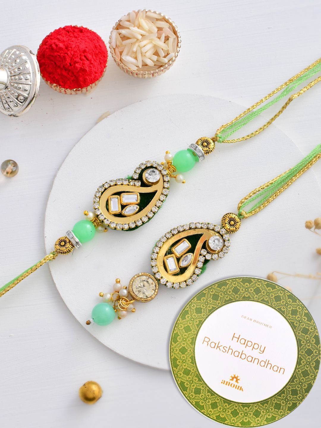 Anouk Green Kundan-Studded & Beaded Bhaiya Bhabhi Thread Rakhi