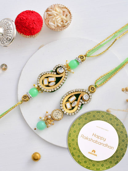 Anouk Green Kundan-Studded & Beaded Bhaiya Bhabhi Thread Rakhi