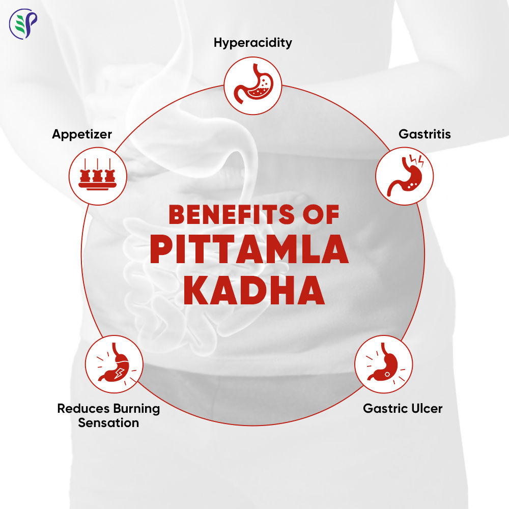 Bottle of Pathak Ayurvedic Pharmacy Pittamla Kadha syrup with herbal ingredients, for digestive health and wellness.
