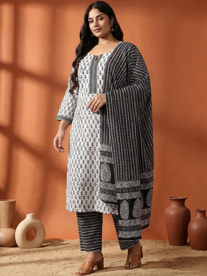 Indyancart Women's Ethnic Motifs Printed Regular Pure Cotton Kurta with Trousers & With Dupatta
