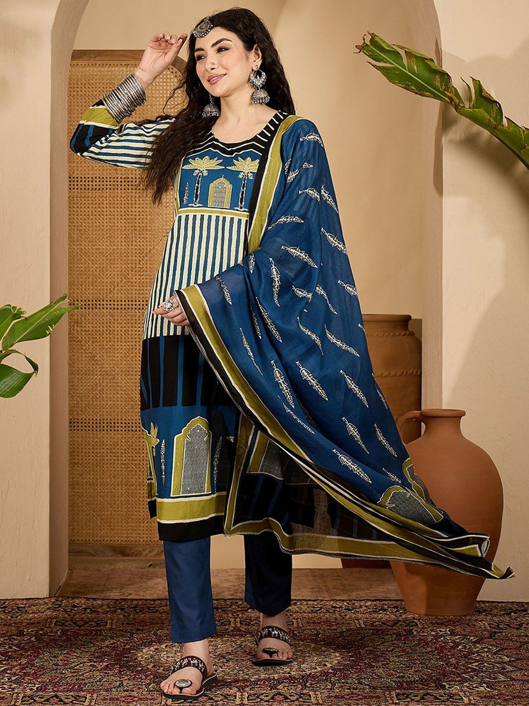 Indyancart SN Women's Striped Round Neck Sequinned Pure Cotton Straight Kurta with Trousers & Dupatta