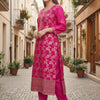 Indyancart IE Floral Woven Design Round Neck Zari Work Straight Kurta With Trouser & Dupatta