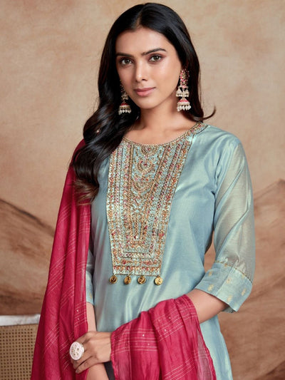 Indyancart SN Women's Floral Embroidered Sequinned Chanderi Silk Straight Kurta & Palazzo With Dupatta