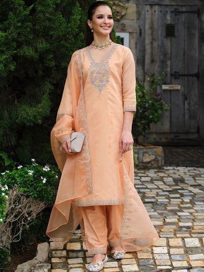 Indyancart IE Women Ethnic Motifs Embroidered Regular Thread Work Kurta with Trousers & With Dupatta