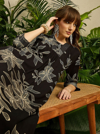 Women Black Viscose Rayon Floral Printed Regular Kurta with Trousers Set