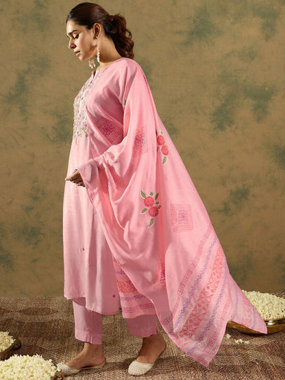 Indyancart IE Floral Embroidered Thread Work Straight Kurta with Trouser & Dupatta