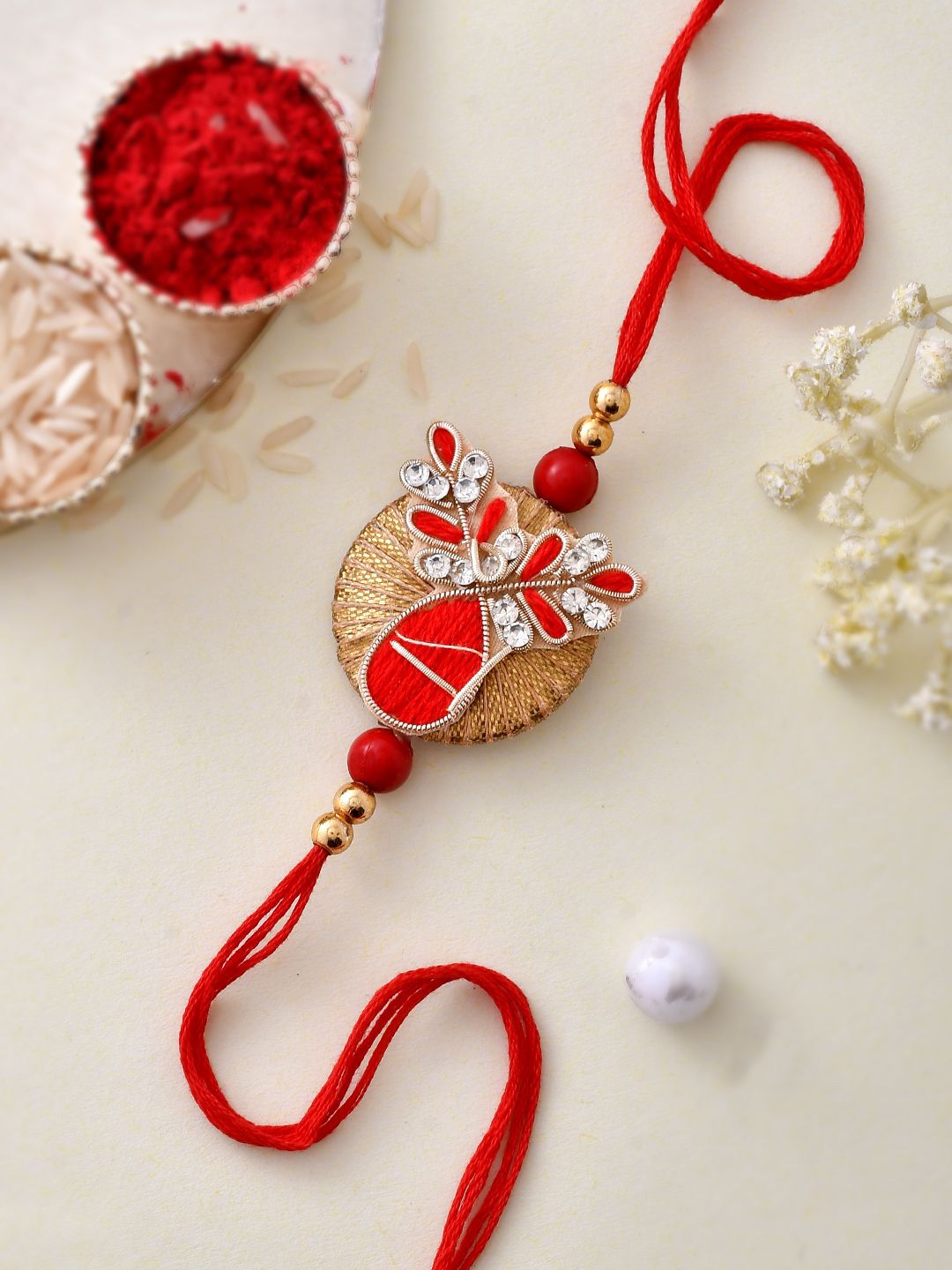 Anouk Red Beaded Rakhi With Roli Chawal & Greeting Card